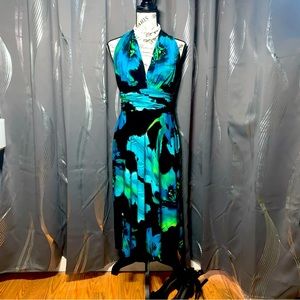 Evan Picone Dress Black W/ Green Floral V Neck Tank Top MIDI Size 6